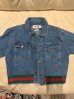 Hope's Blue Denim Jean Jacket with Green & Red Trim